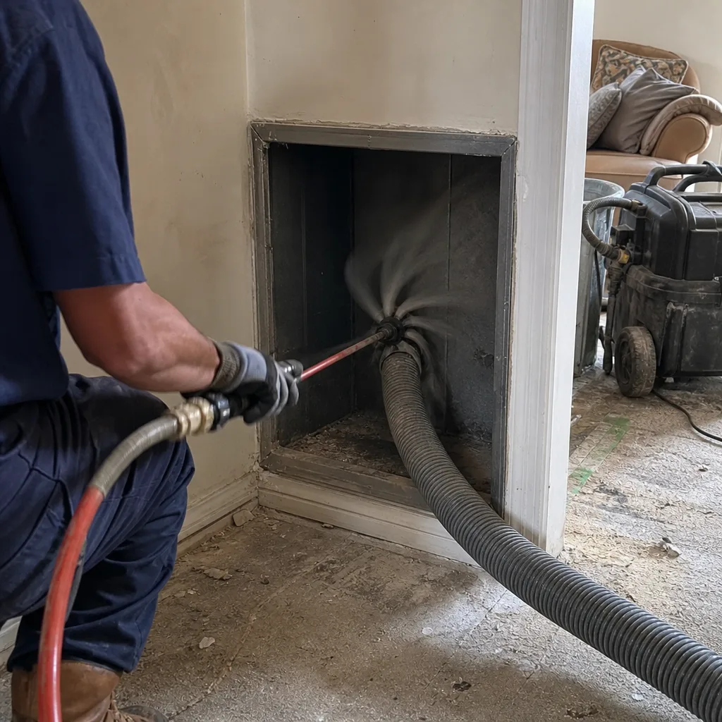 Technician using professional equipment for residential air duct cleaning service