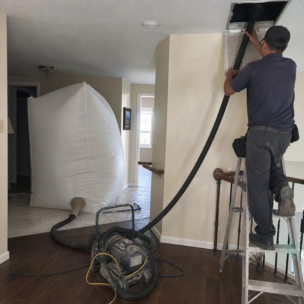 Technician using professional vacuum equipment for residential air duct cleaning service.