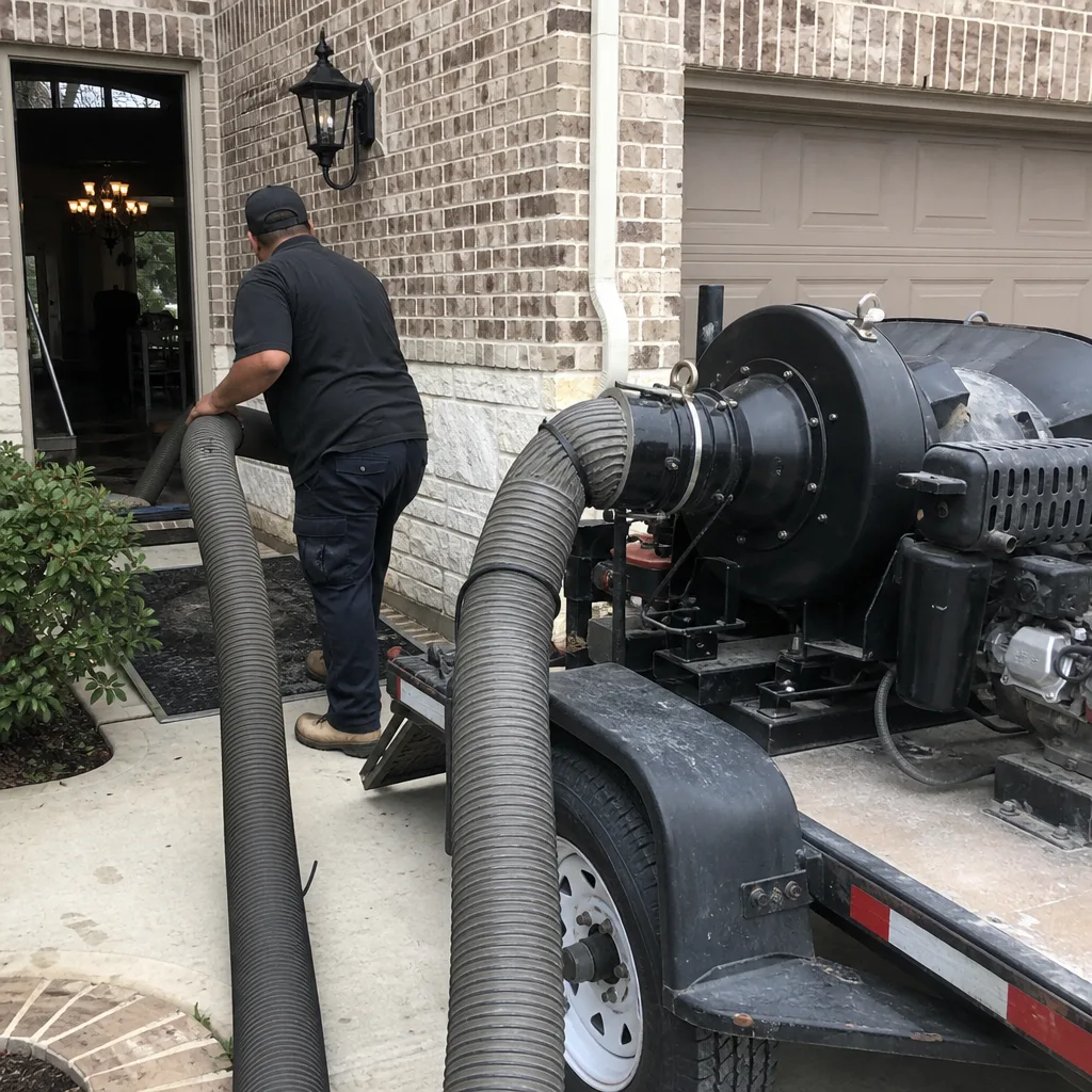 Professional air duct cleaning technician using a vacuum machine at a home