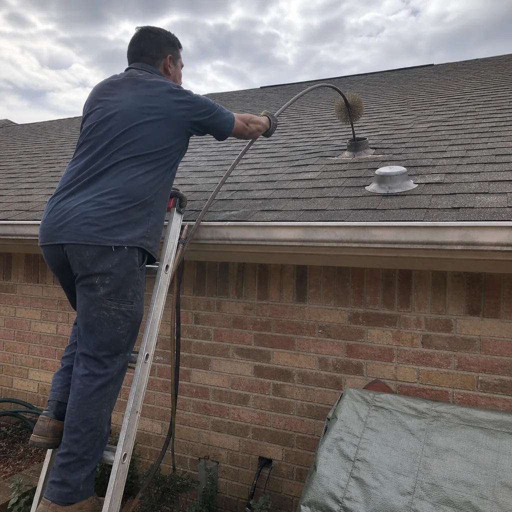 Technician performing professional residential dryer vent cleaning on a rooftop