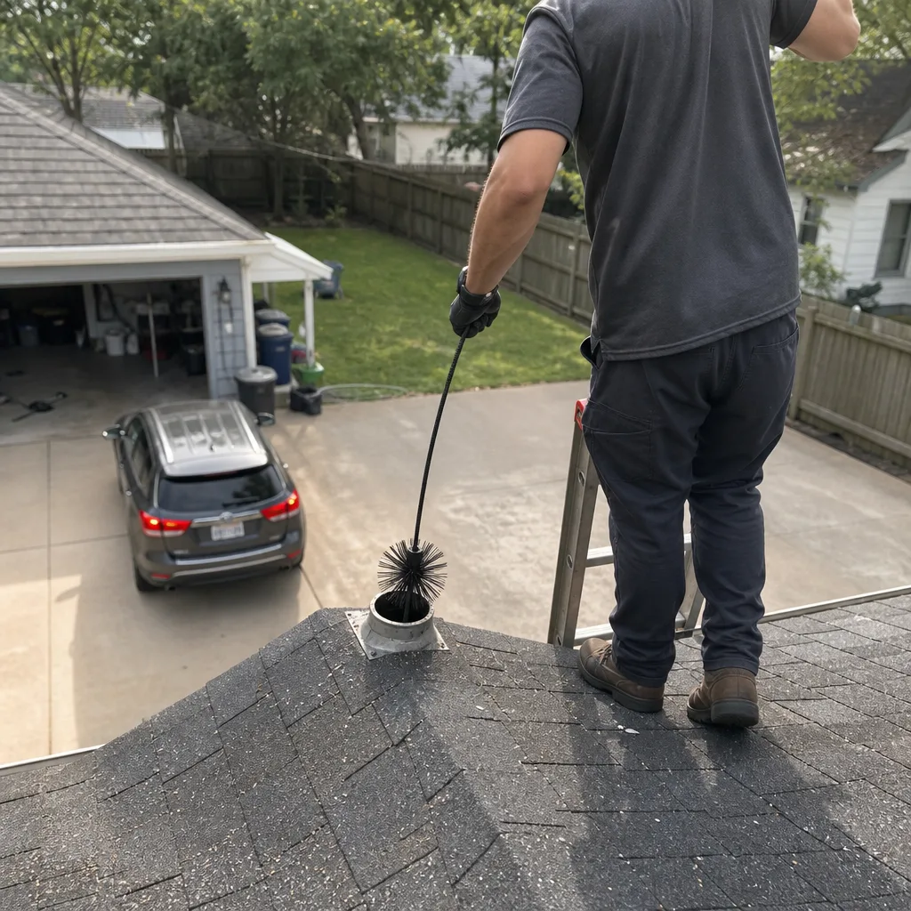 Technician using a brush to perform professional dryer vent cleaning