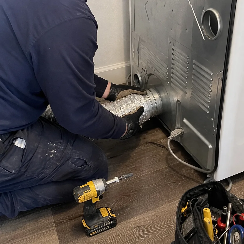 Technician attaching flexible aluminum dryer vent duct during cleaning service